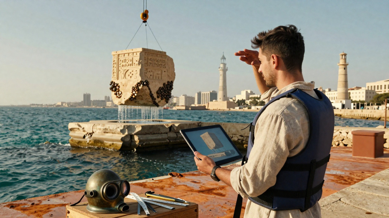 Un homme utilise une tablette près d'une statue immergée soulevée du port, casque de plongée sur une caisse à côté.