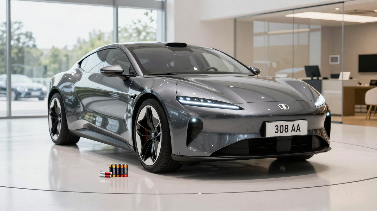 Voiture électrique sportive gris métallisé exposée en intérieur avec batteries posées devant.