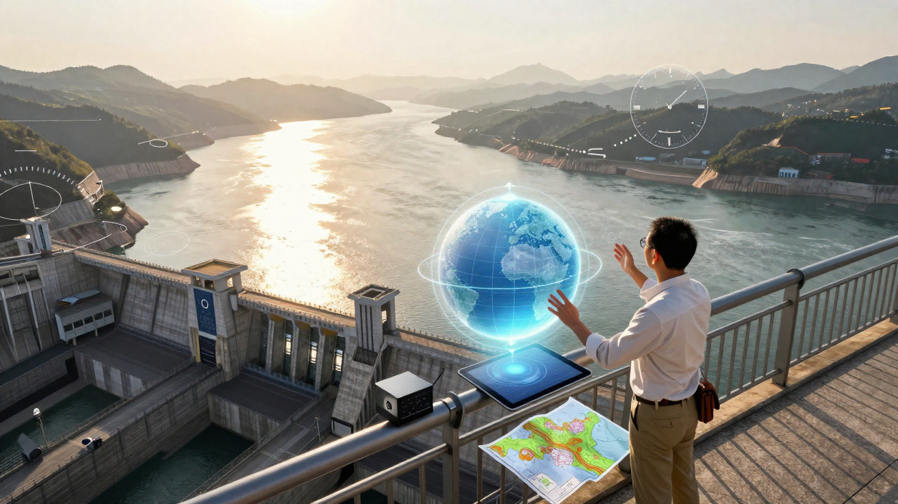Homme observant un hologramme de la Terre au-dessus d'une tablette sur la digue d'un barrage au coucher du soleil.
