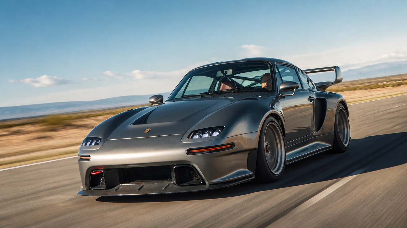 Voiture de sport grise Porsche roulant sur piste avec paysages désertiques en arrière-plan.