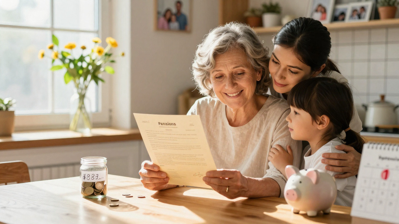 Une grand-mère, sa fille et sa petite-fille lisent un document sur les pensions autour d'une table ensoleillée.