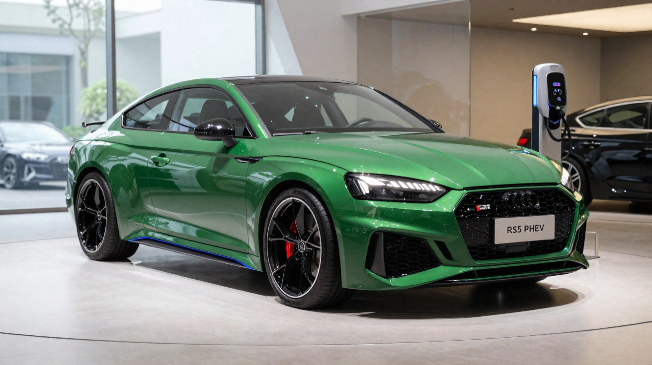 Audi RS5 PHEV sportive verte en exposition près d'une borne de recharge électrique en intérieur.