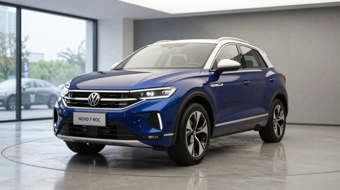 SUV Volkswagen Novo T-Roc bleu et blanc stationné dans un showroom moderne avec sol en béton.