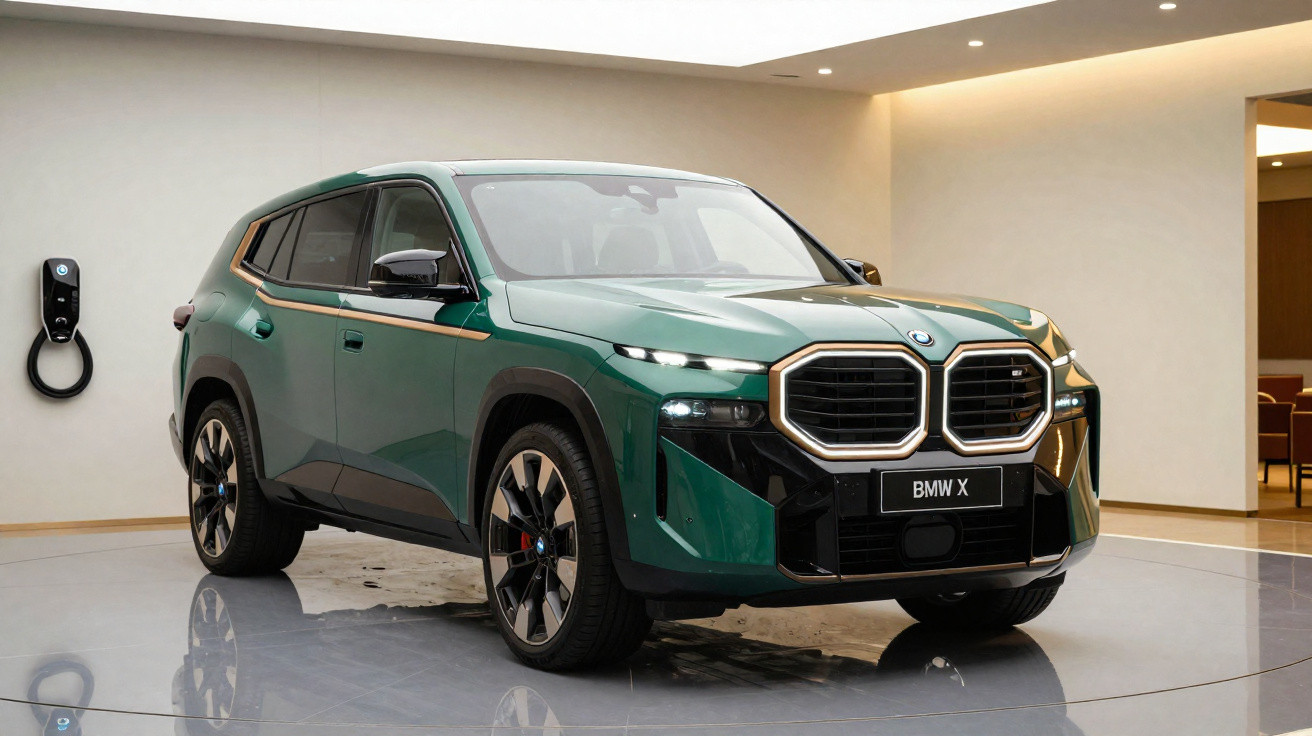 SUV BMW X vert exposé en intérieur avec borne de recharge électrique murale visible à gauche.