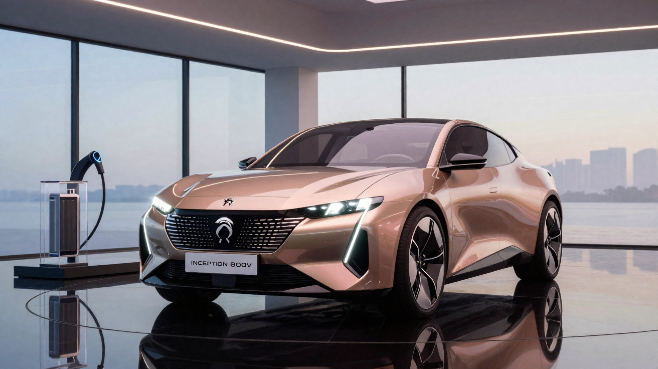 Voiture électrique beige futuriste avec phares allumés dans un showroom moderne avec vue sur la ville.