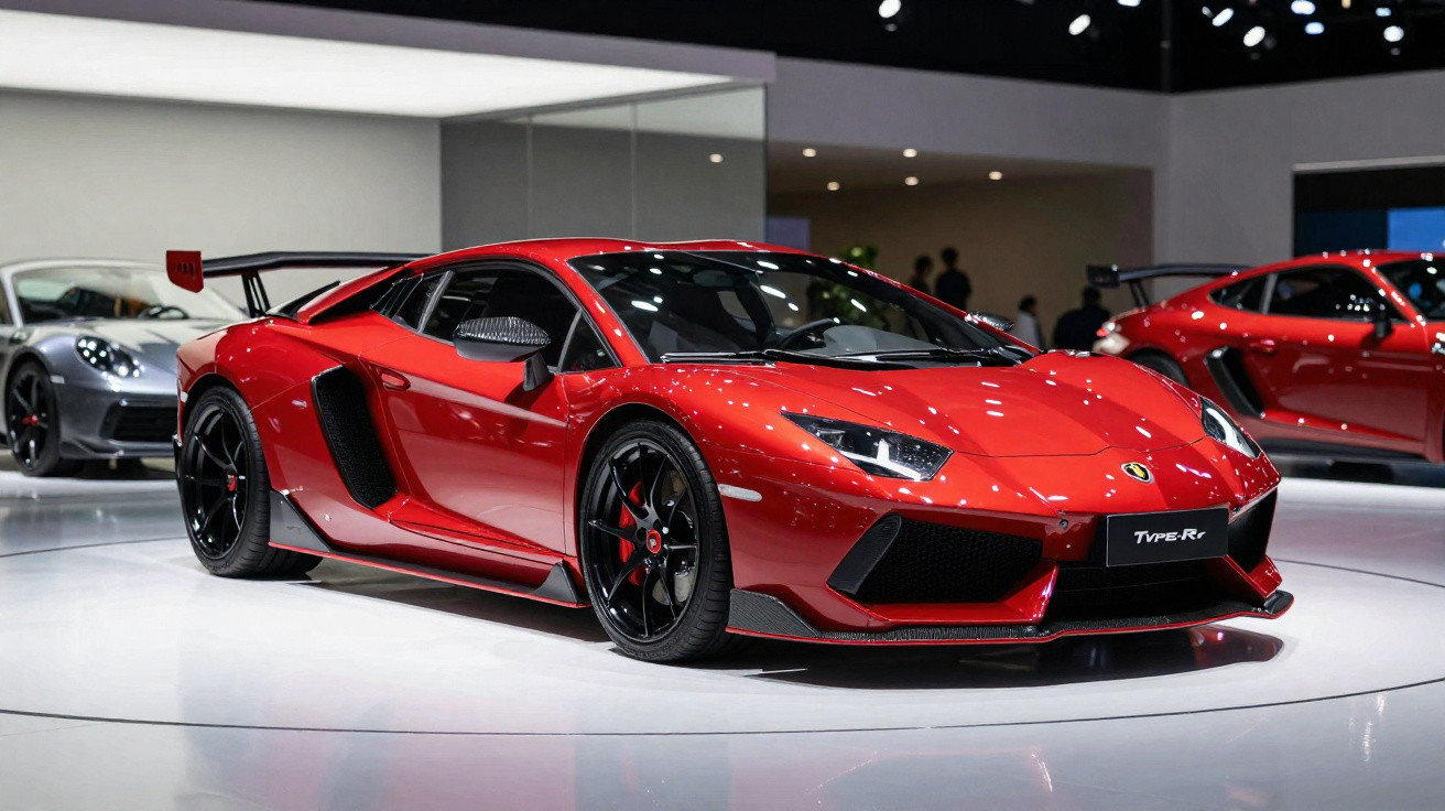 Voiture de sport rouge brillante avec aileron arrière exposée dans un salon automobile moderne.
