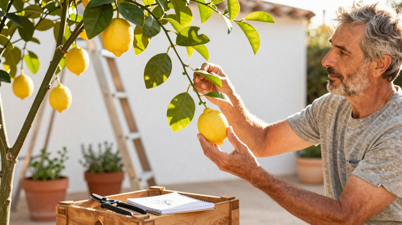 Homme examinant un citron sur un arbre dans un jardin ensoleillé, avec des outils sur une caisse en bois.