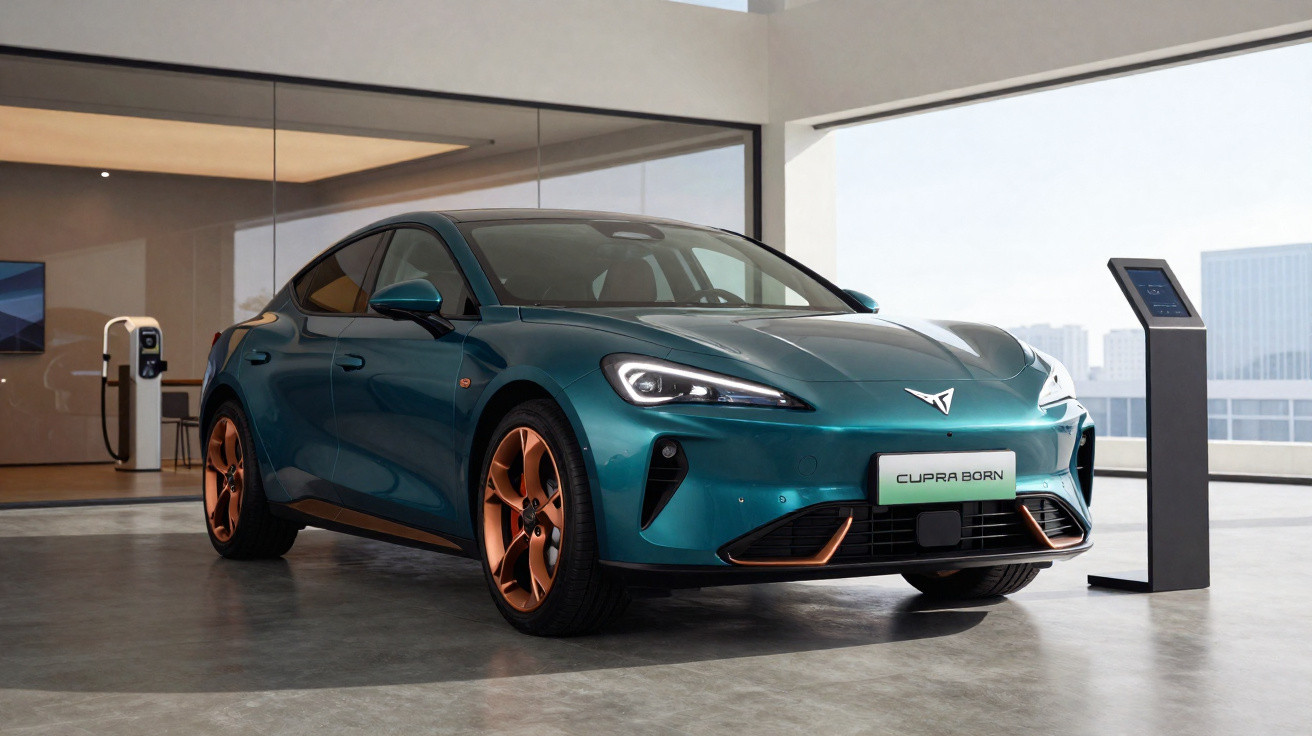 Voiture électrique Cupra Born bleu métallisé avec jantes cuivrées dans un showroom moderne lumineux.
