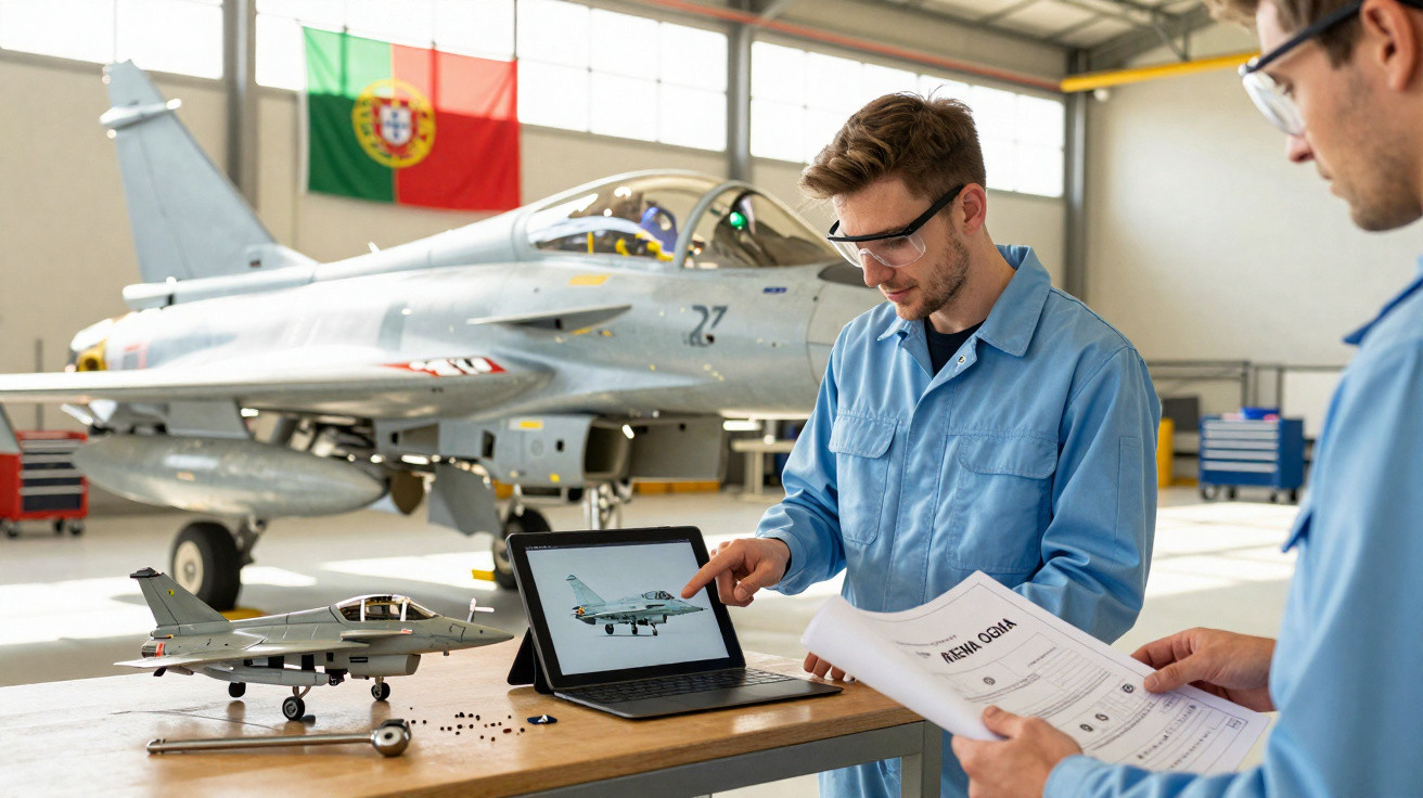 Deux techniciens en bleu de travail examinent un modèle réduit d’avion et un document dans un hangar avec un avion derrière e