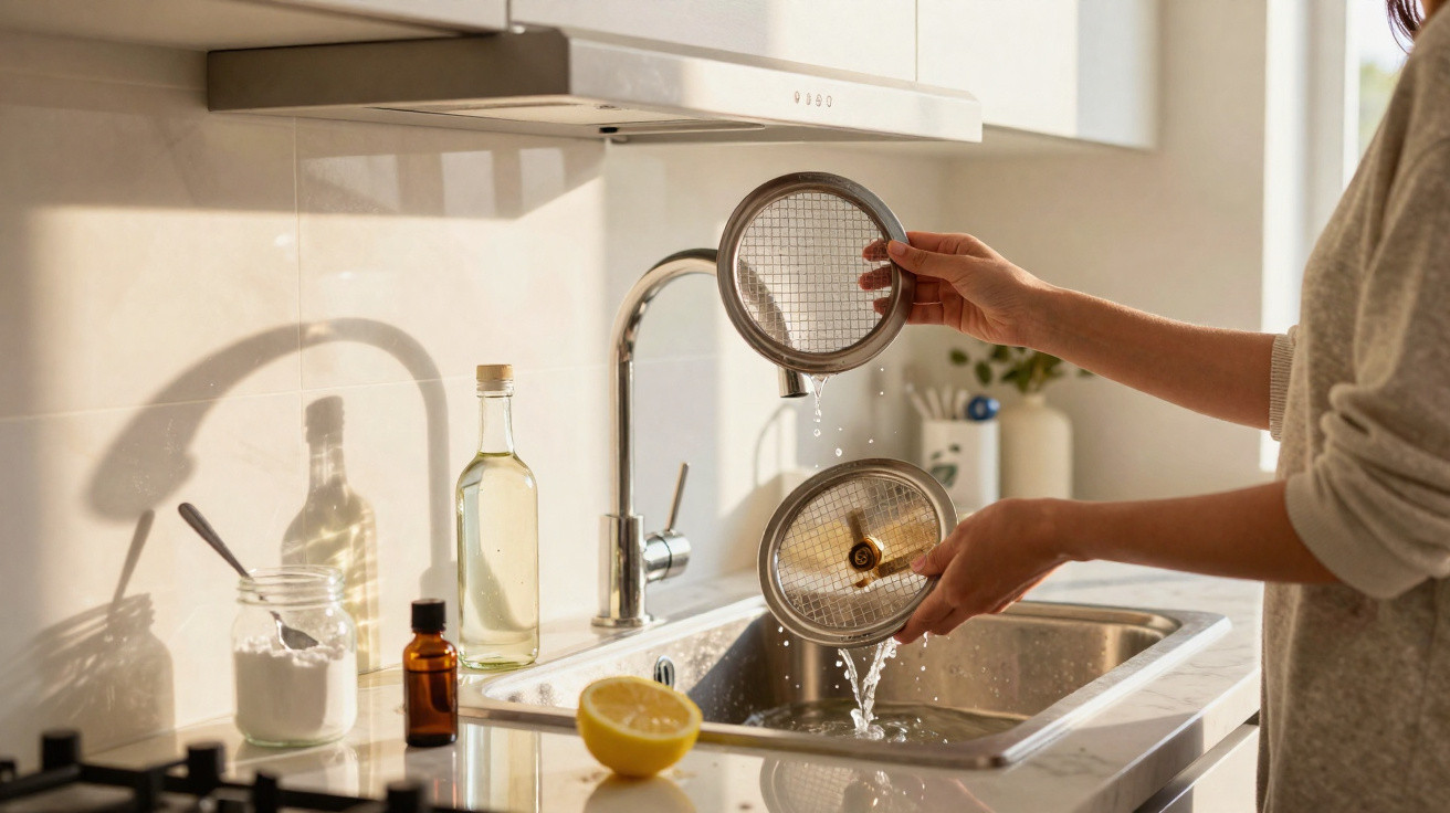 Personne lavant des filtres de cafetière au-dessus d'un évier dans une cuisine lumineuse.