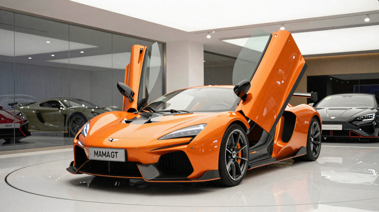 Voiture de sport orange McLaren avec portes papillon ouvertes dans un showroom moderne.