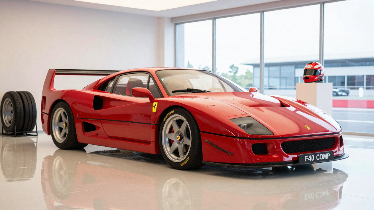 Voiture de sport Ferrari F40 rouge exposée en intérieur avec casque et pneus en arrière-plan.