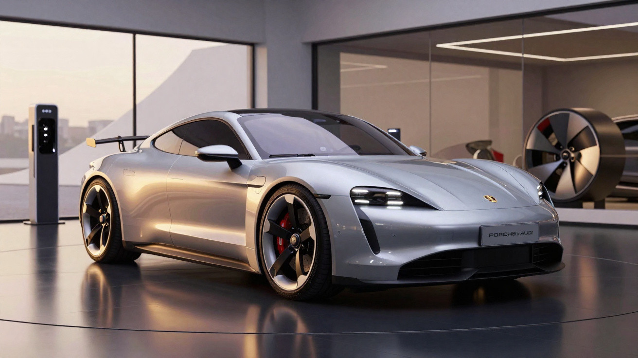 Voiture de sport électrique grise Porsche Taycan exposée dans un showroom moderne avec fenêtres panoramiques.