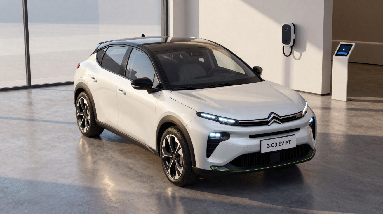 Voiture électrique Citroën E-C3 EV PT blanche stationnée dans un garage moderne avec borne de recharge murale.