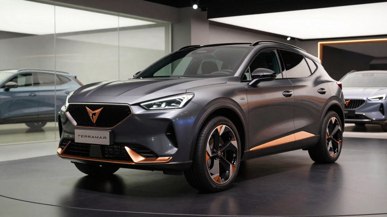 Véhicule SUV gris métallisé moderne avec détails cuivrés exposé dans un showroom contemporain.