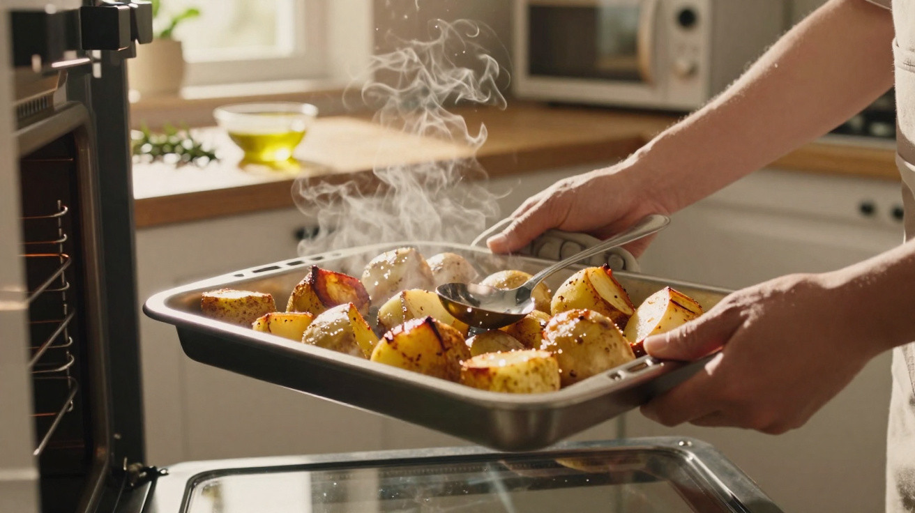 Deux mains retirent un plat fumant de pommes de terre rôties du four dans une cuisine lumineuse.