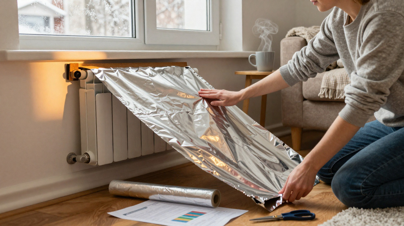 Personne posant un film réfléchissant sur un radiateur pour améliorer l'efficacité énergétique à la maison.