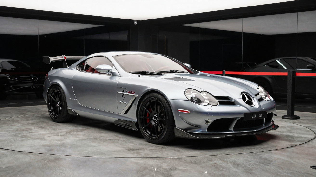 Mercedes-Benz SLR McLaren argent exposée dans un showroom avec jantes noires et aileron arrière.