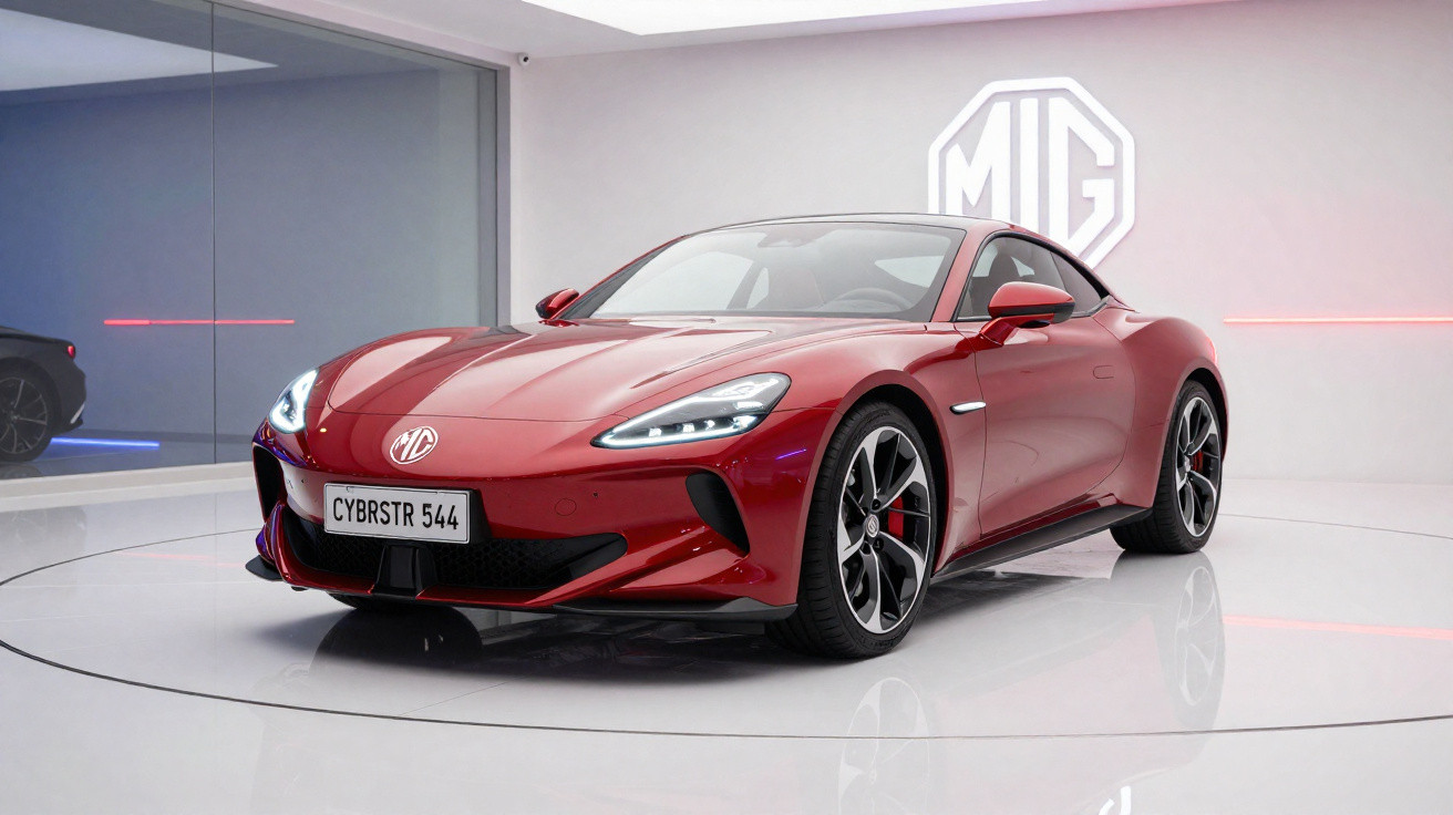 Voiture de sport rouge MG Cybrstr 544 exposée dans un showroom moderne et épuré.