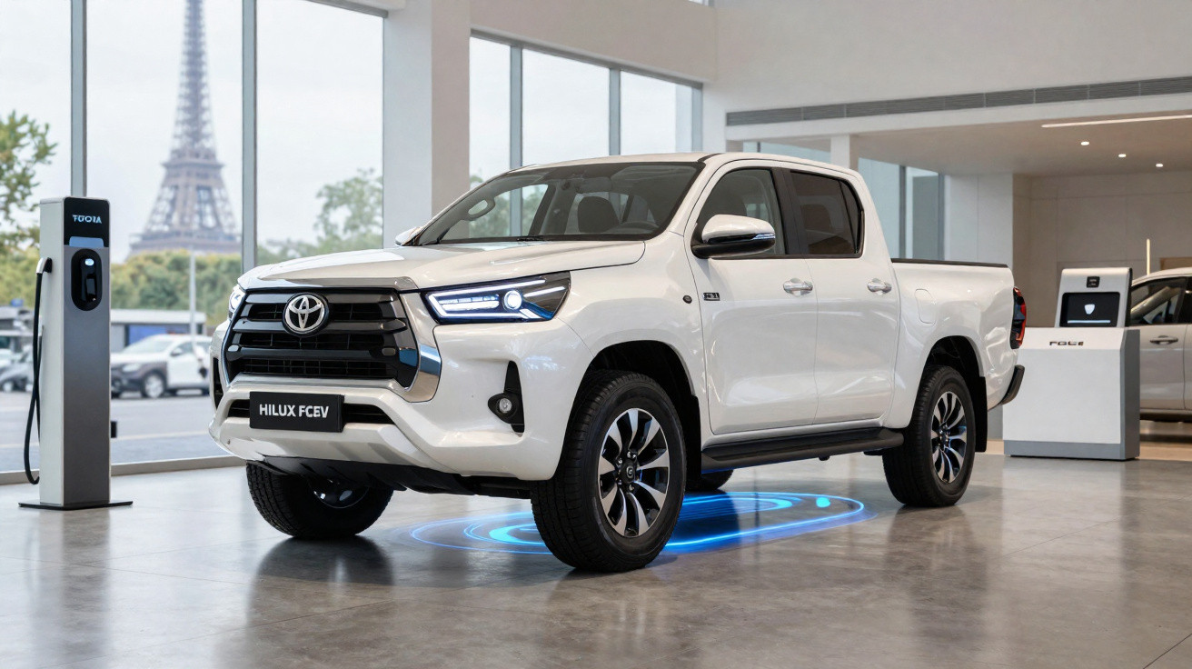 Pick-up Toyota Hilux FCEV blanc exposé dans un showroom avec la tour Eiffel visible par la fenêtre.