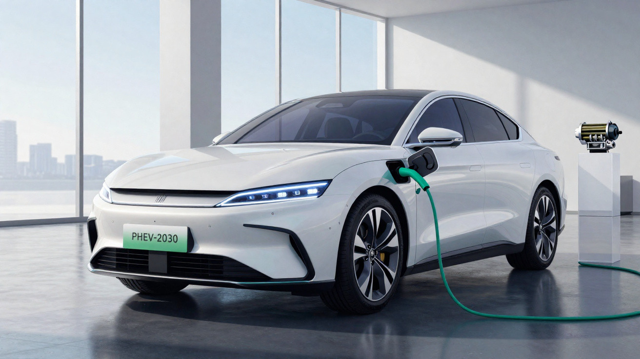 Voiture électrique blanche en train de se recharger dans un showroom lumineux avec vue urbaine.
