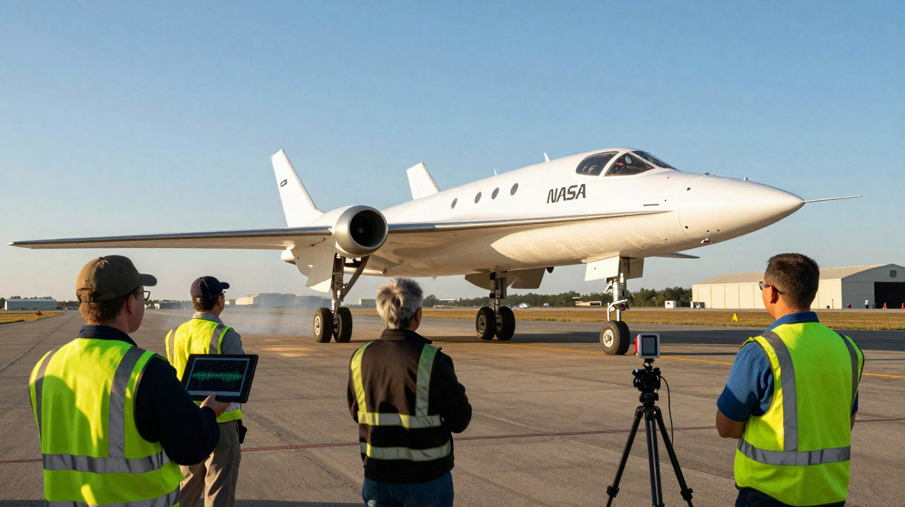 Quatre techniciens surveillent un avion NASA blanc sur la piste d'un aéroport au coucher du soleil.