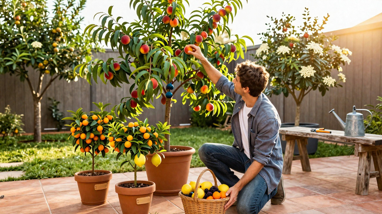 Homme cueillant des pêches dans un jardin avec plusieurs arbres fruitiers en pot au soleil couchant.