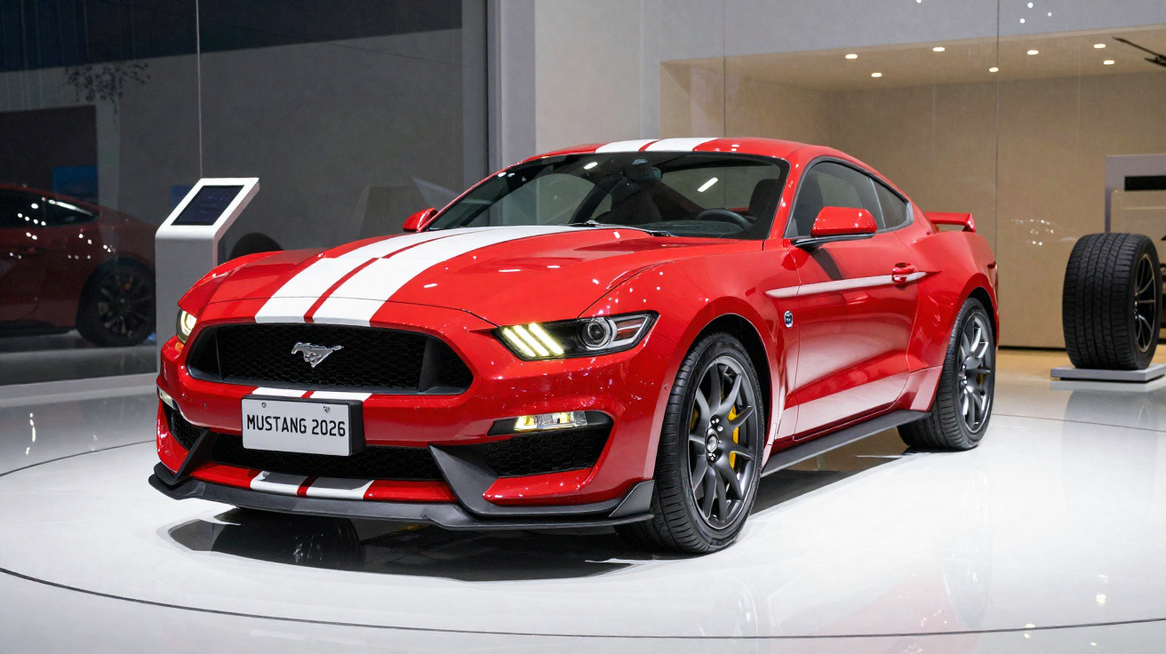 Voiture rouge Ford Mustang 2026 avec bandes blanches exposée dans un showroom moderne.