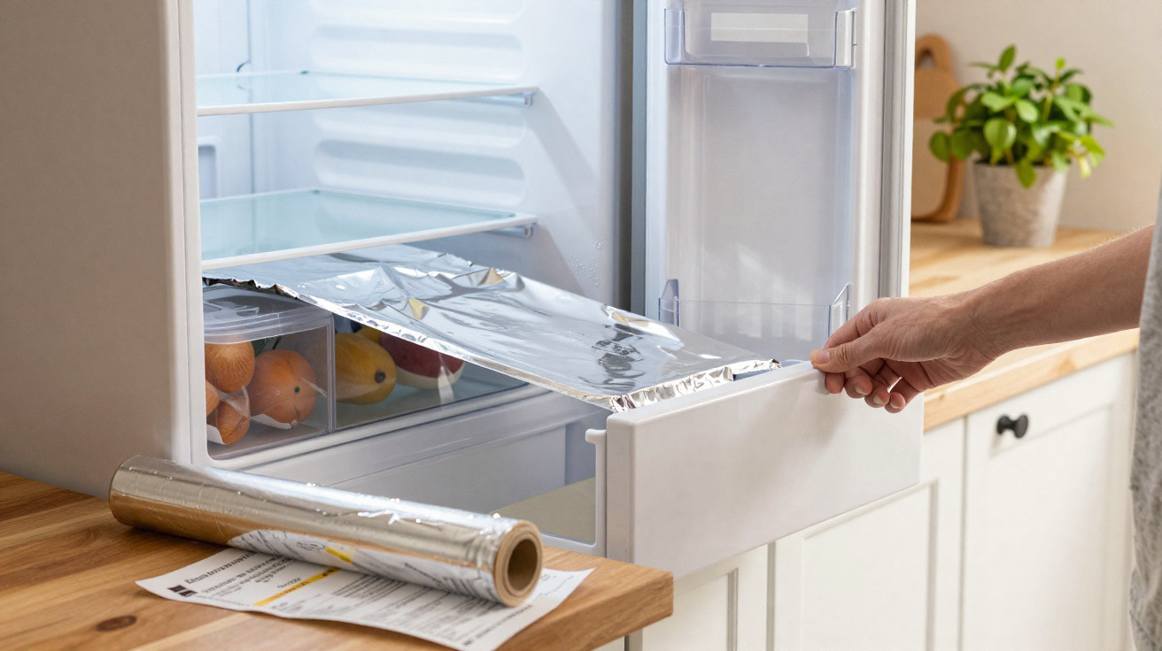 Main plaçant du papier aluminium sur un tiroir de réfrigérateur contenant des fruits dans une cuisine moderne.