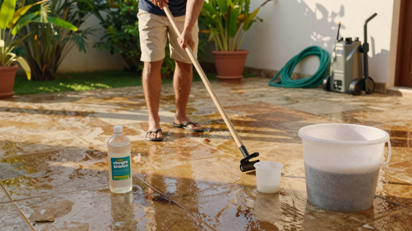Personne lavant une terrasse en pierre avec une balayette, seau d'eau et bouteille de vinaigre blanc dehors.