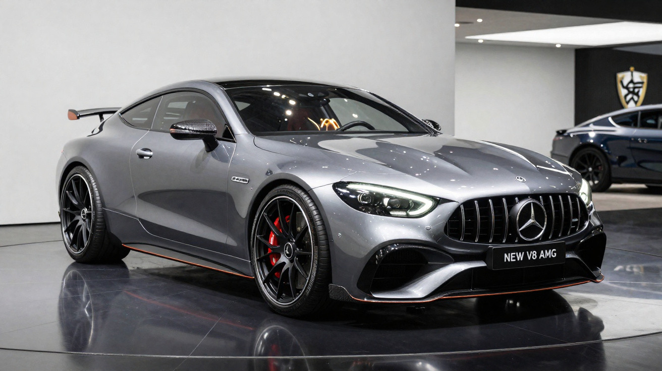 Voiture sportive grise Mercedes AMG V8 exposée en intérieur avec jantes noires et étriers rouges.