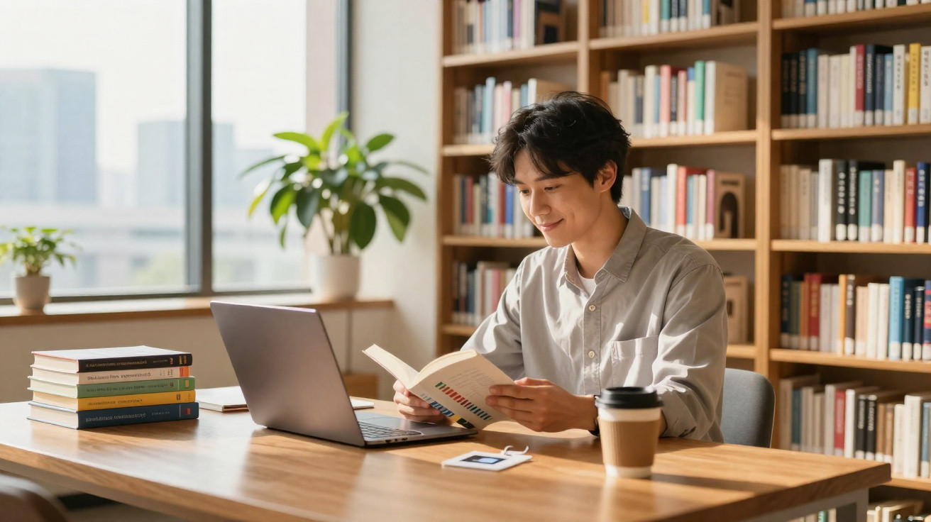 Jeune homme souriant lisant un livre à une table en bois dans une bibliothèque lumineuse avec ordinateur portable.