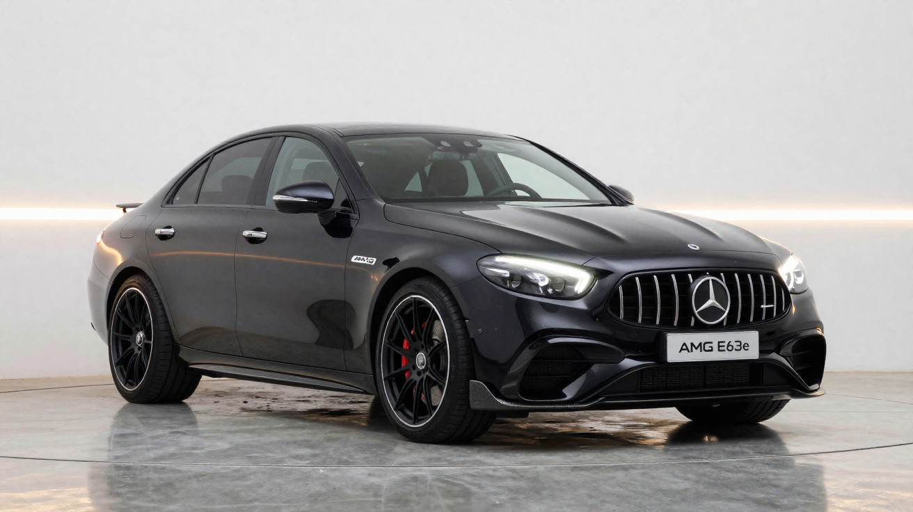 Voiture berline Mercedes-AMG E63e noire avec phares allumés sur fond blanc en studio.