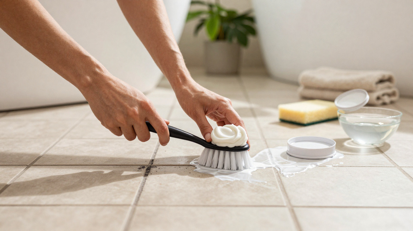 Mains frottant un carrelage avec une brosse à poils blancs et une crème nettoyante blanche.