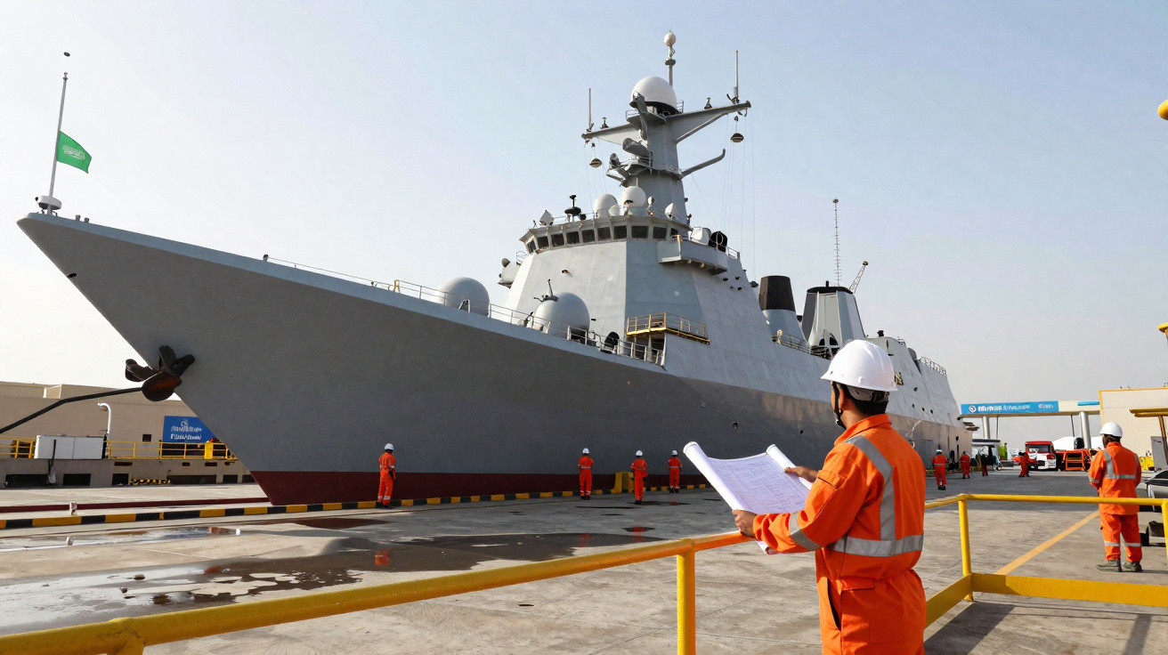 Un navire militaire gris amarré au quai avec des ouvriers en combinaison orange et casque blanc.
