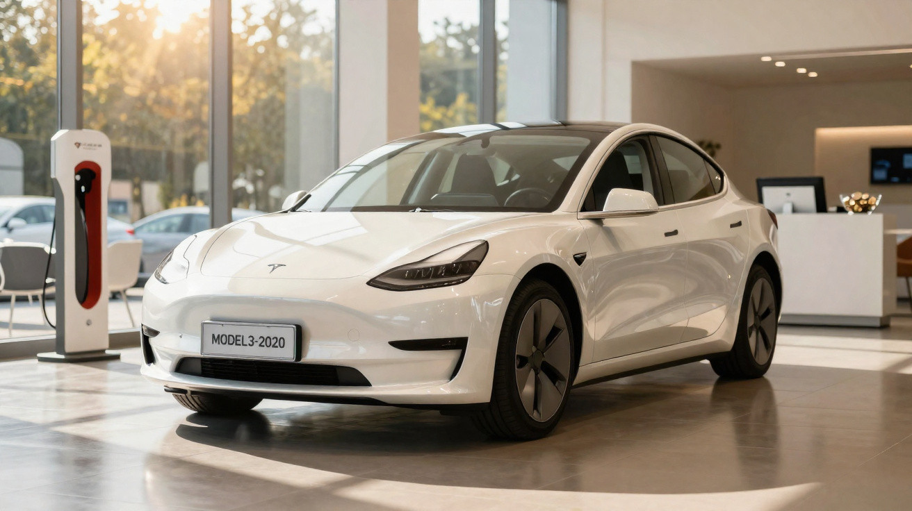 Voiture électrique blanche Tesla Model 3 2020 exposée dans une galerie avec borne de recharge.