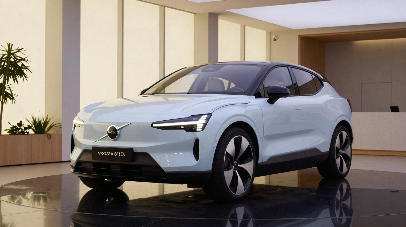 Voiture électrique Volvo 811EV blanche exposée dans un showroom moderne avec sol en marbre brillant.