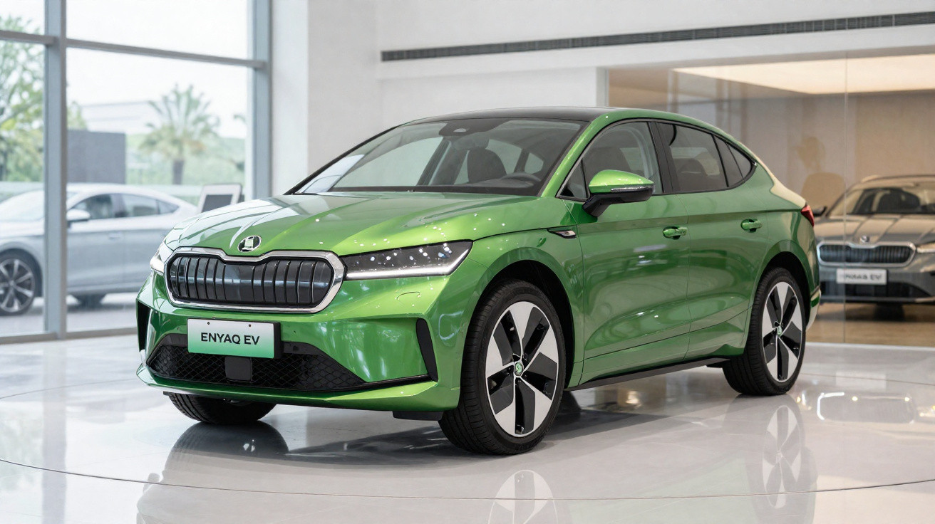 Voiture électrique Škoda Enyaq EV verte exposée dans un showroom moderne avec sol blanc brillant.