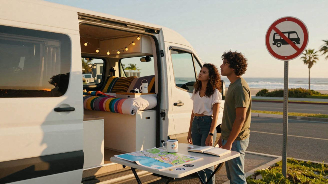 Un couple consultent une carte devant un van aménagé garé près de la mer au coucher du soleil.