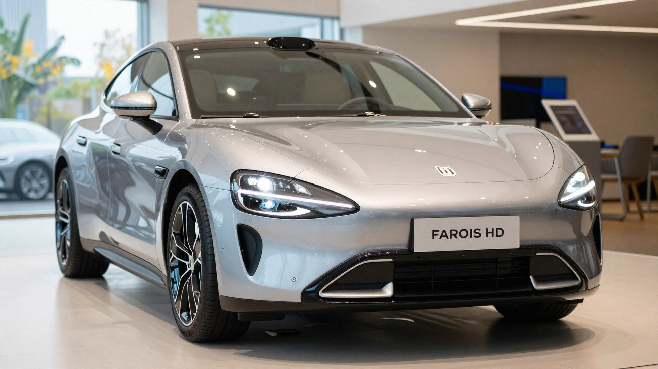Voiture électrique sportive argentée garée en intérieur avec phares avant allumés et plaque "FAROIS HD".