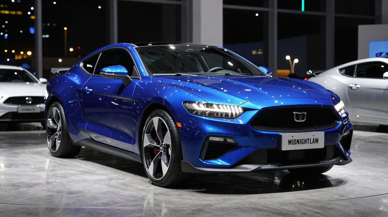 Voiture de sport bleu métallisé exposée en intérieur avec éclairage nocturne et plaques d’immatriculation MIDNIGHTLAW.