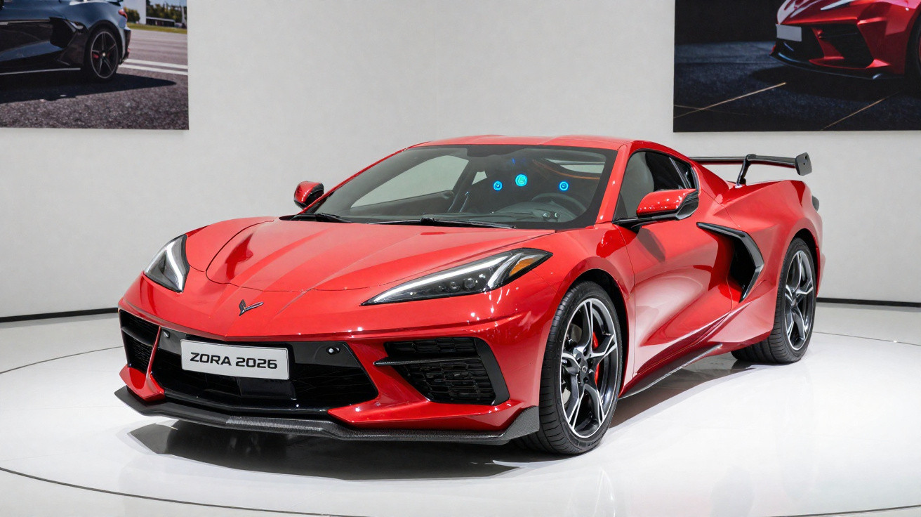 Voiture de sport rouge Zora 2026 exposée en galerie avec aérodynamique et jantes noires brillantes.