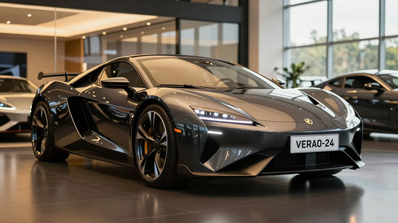 Voiture sportive noire brillante avec phares allumés dans un showroom moderne et lumineux.
