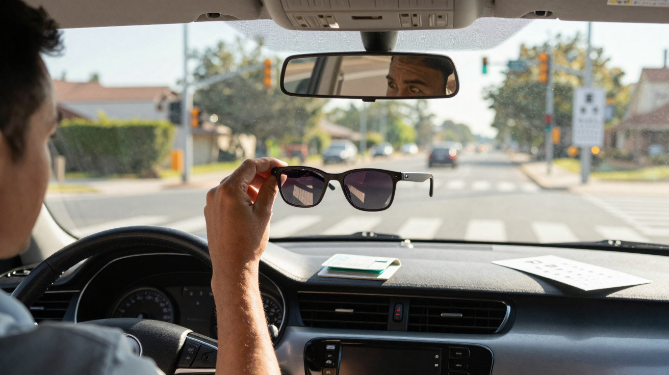 Homme tenant des lunettes de soleil dans une voiture, regardant vers le rétroviseur en conduite de jour.