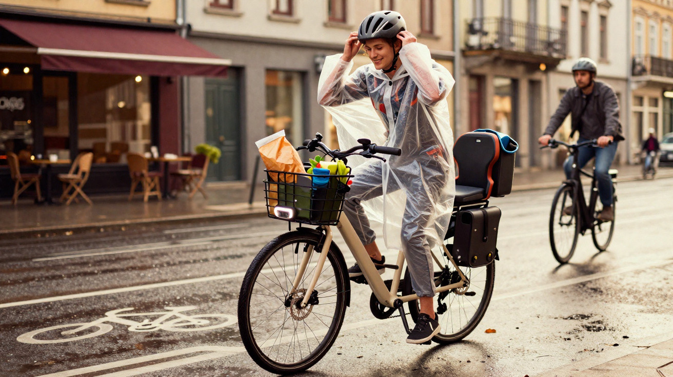 Jeune femme en imperméable transparent ajustant son casque sur un vélo avec panier en ville sous la pluie.