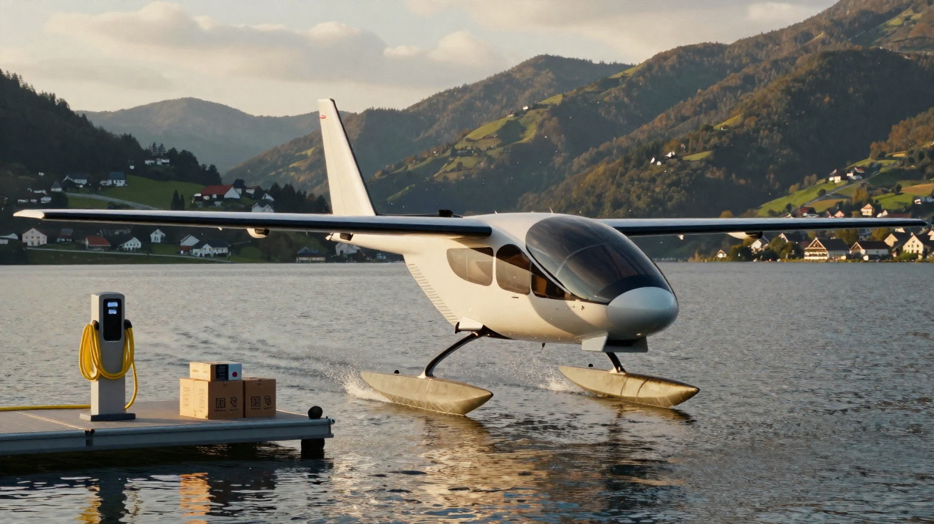 Hydravion moderne blanc amarré près d'un quai sur un lac entouré de montagnes verdoyantes.