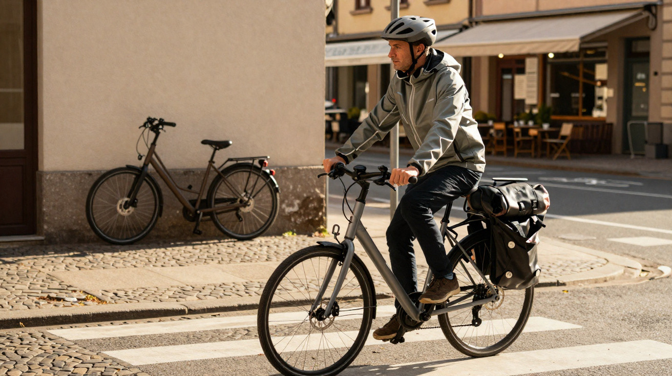 Homme en casque et veste grise à vélo traversant un passage piéton en ville par beau temps.