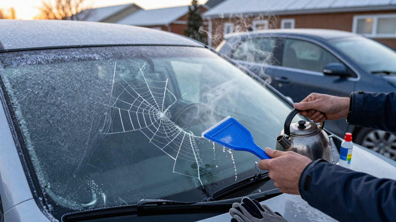 Une personne dégage le givre du pare-brise d'une voiture avec une bouilloire et une raclette en plastique bleu.