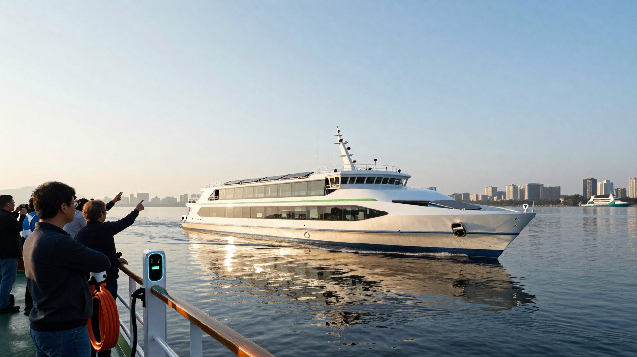 Bateau moderne blanc naviguant sur l'eau à l'aube, avec des passagers regardant depuis un autre bateau.