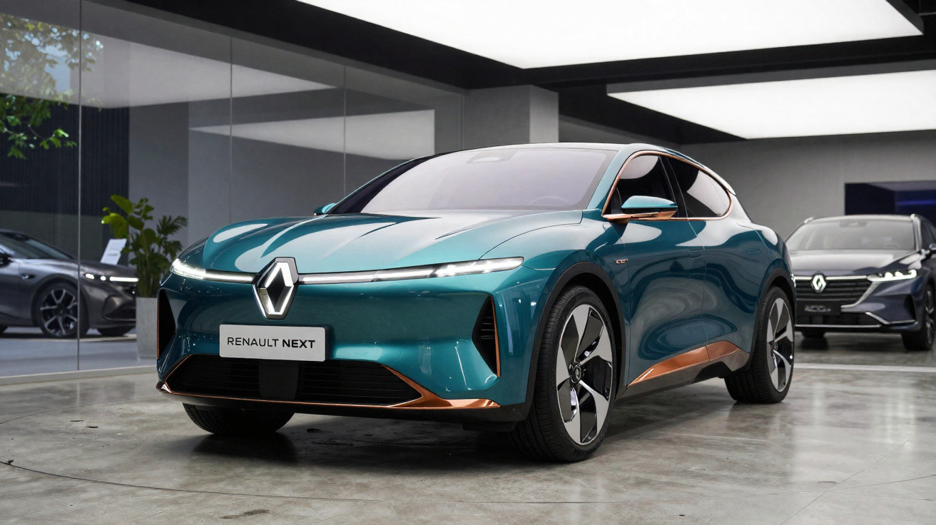 Voiture électrique Renault Next bleu métallisé exposée dans un showroom moderne avec un autre modèle en arrière-plan.